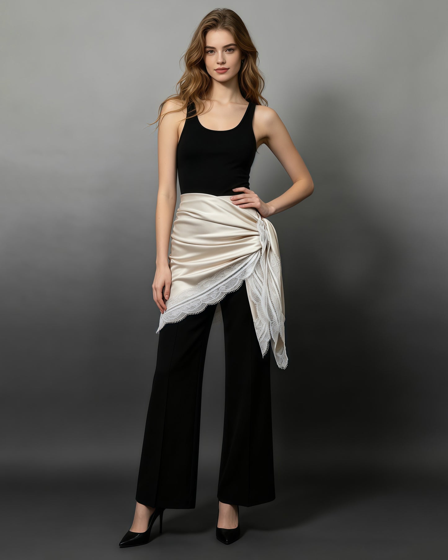 Apricot Wrap Mini Skirt with Eyelash Lace Trim