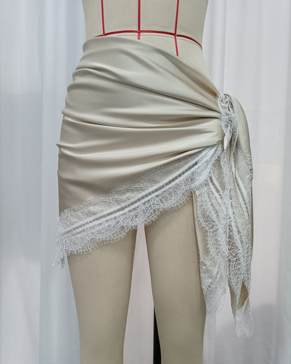 Apricot Wrap Mini Skirt with Eyelash Lace Trim