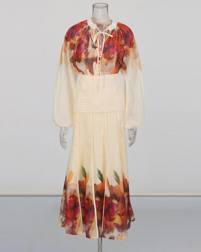Apricot & Autumn Floral Blouse Skirt Set