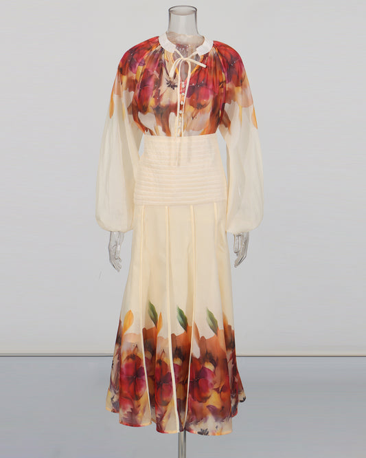 Apricot & Autumn Floral Blouse Skirt Set
