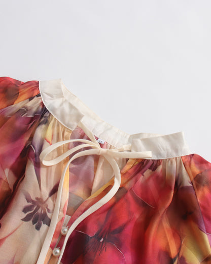 Apricot & Autumn Floral Blouse Skirt Set