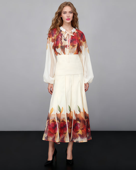 Apricot & Autumn Floral Blouse Skirt Set