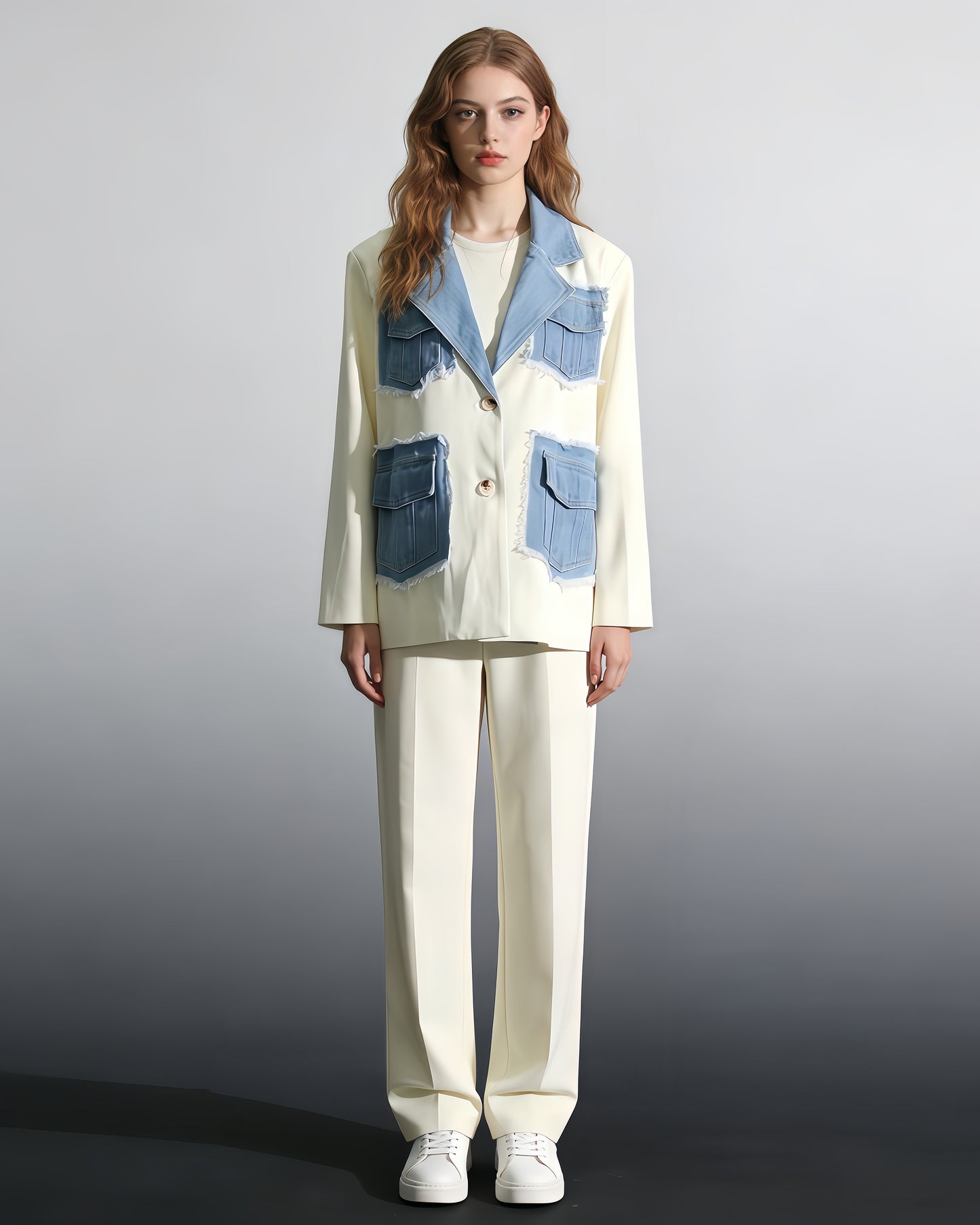 Apricot & Denim Patchwork Blazer with Fringe