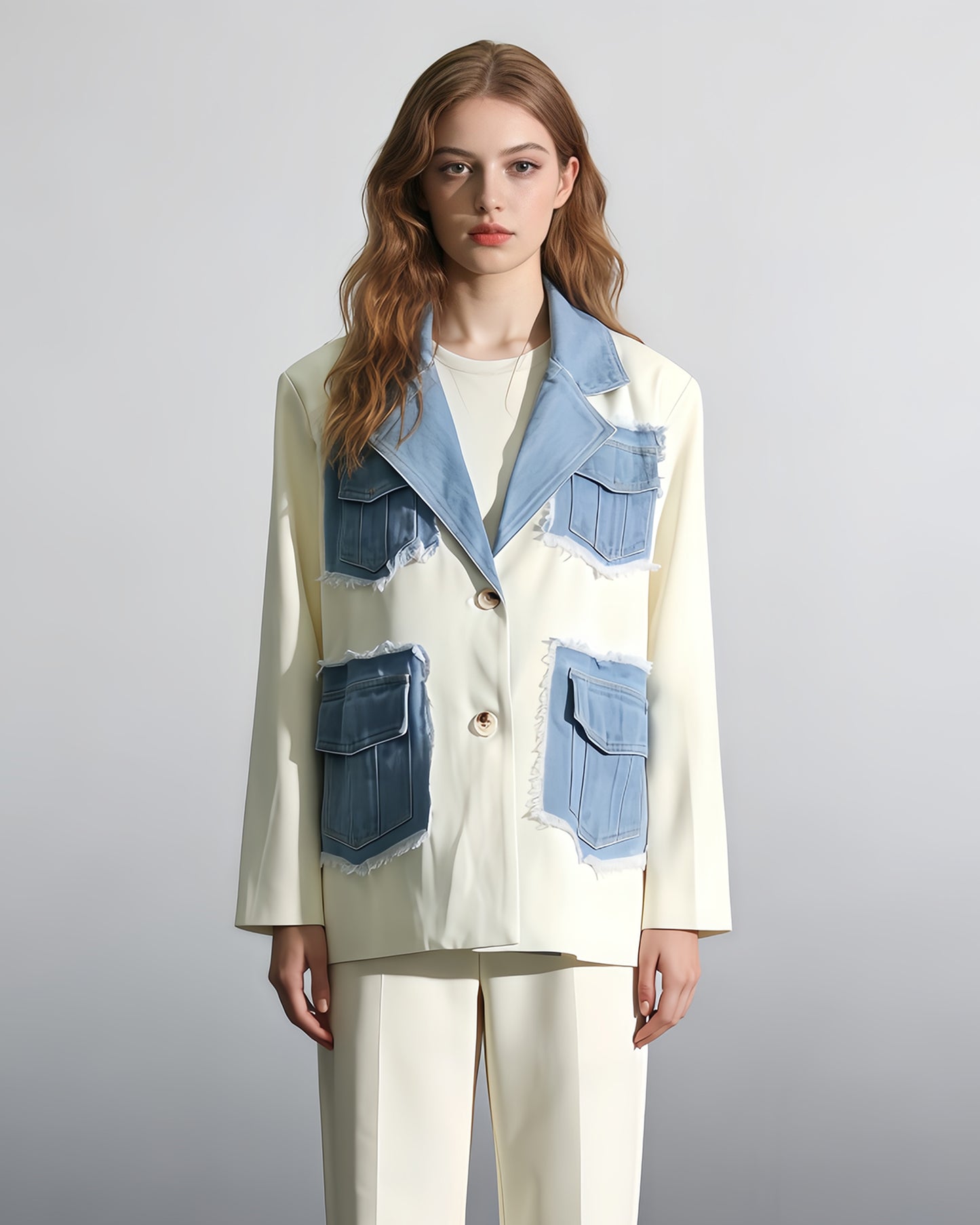 Apricot & Denim Patchwork Blazer with Fringe