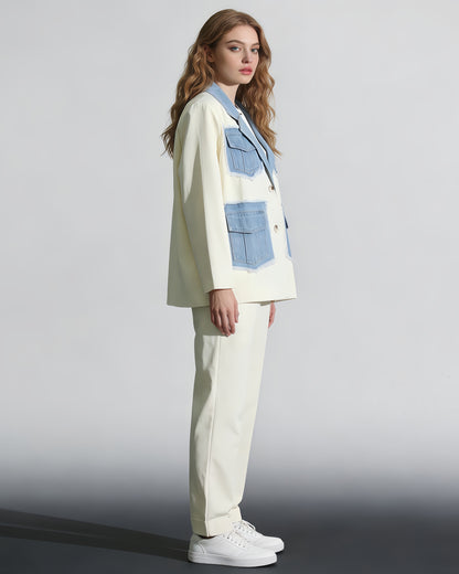 Apricot & Denim Patchwork Blazer with Fringe