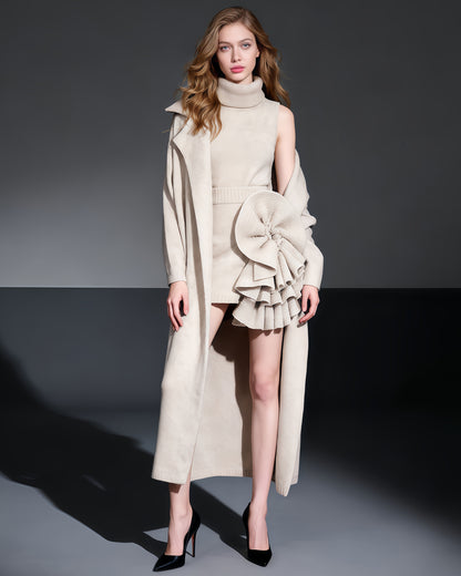 Apricot Knit 3-Piece Set: Top, Ruffled Skirt & Coat
