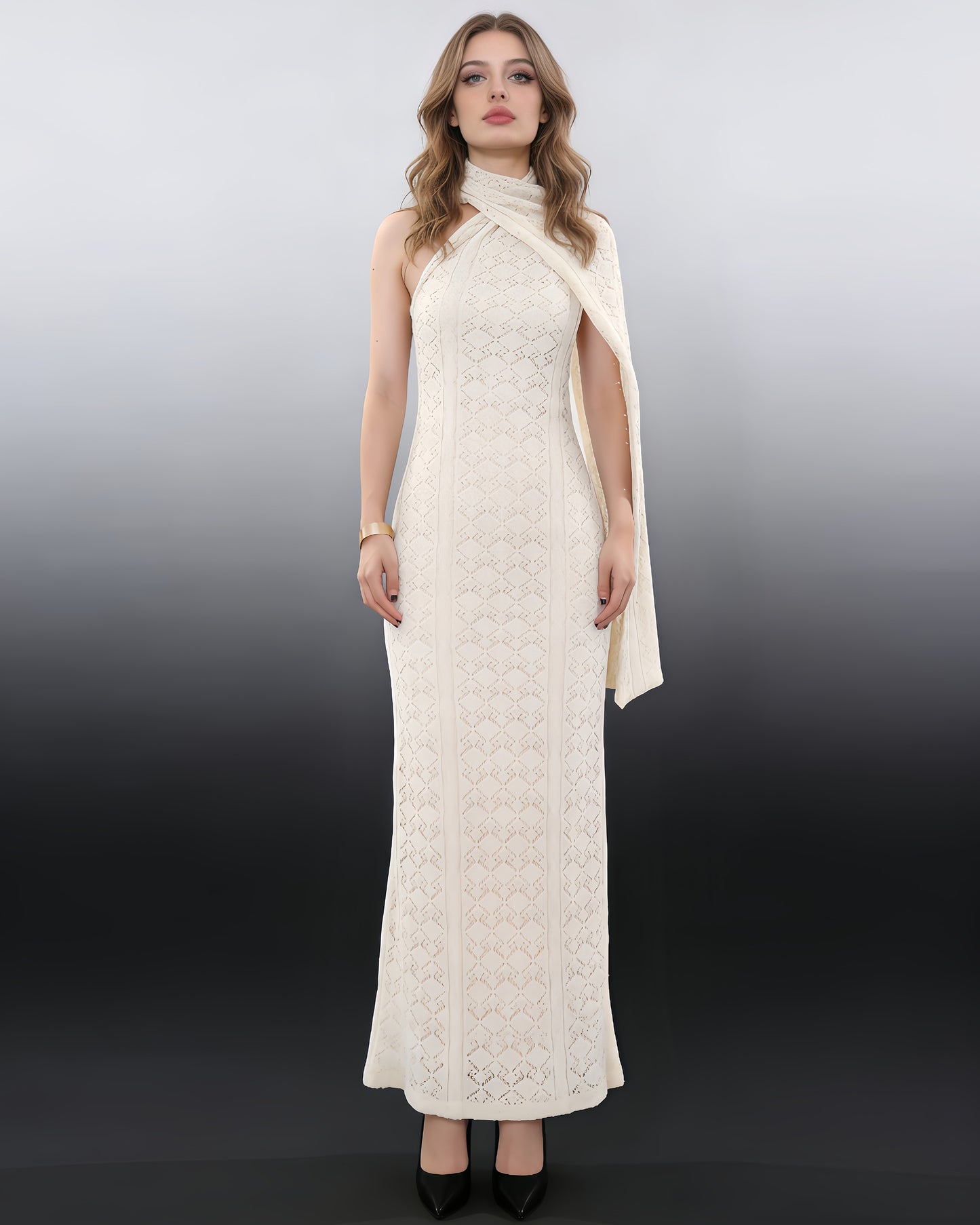 Apricot Lace Halter Maxi Dress with Scarf