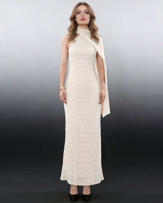 Apricot Lace Halter Maxi Dress with Scarf