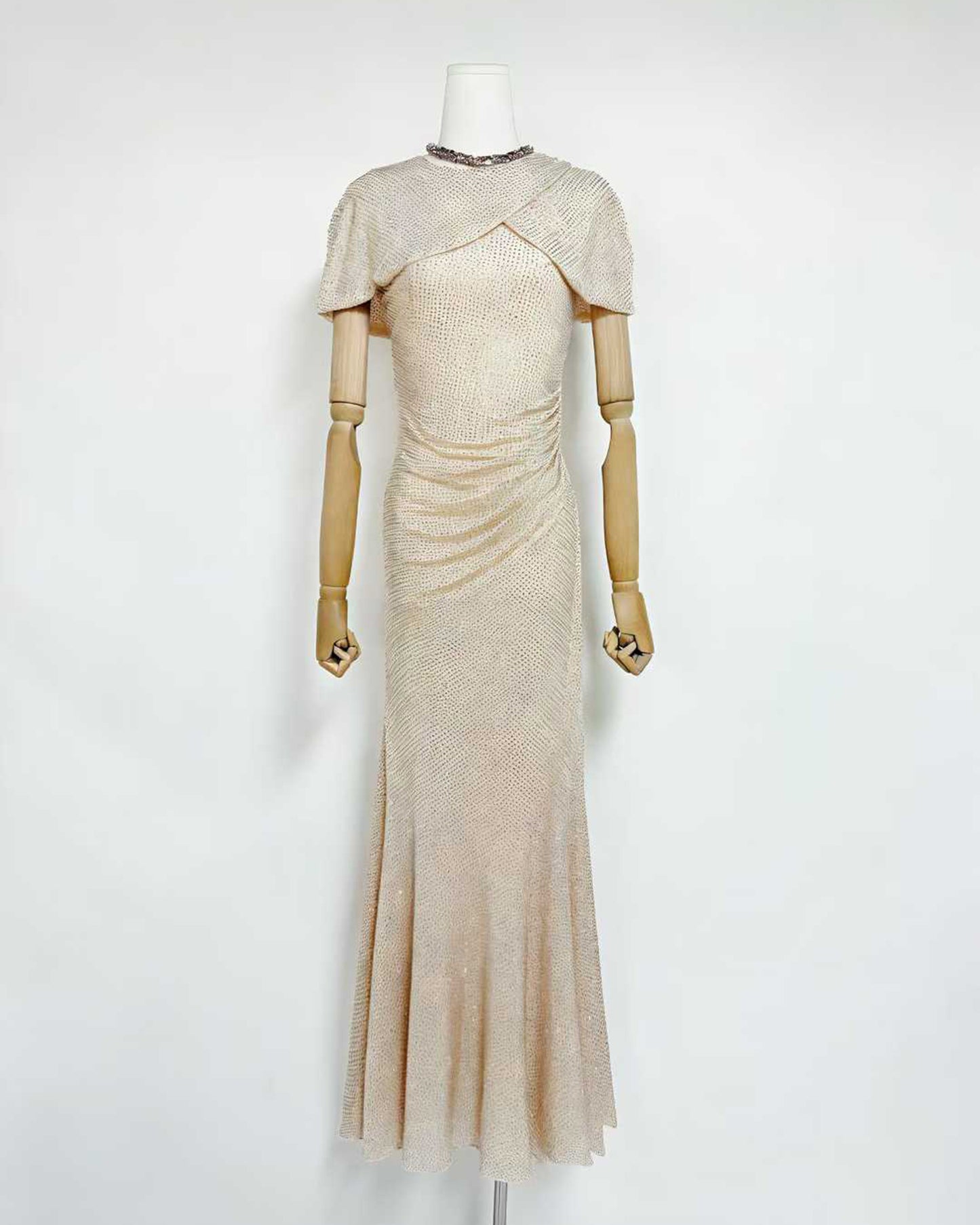 Apricot Rhinestone Ruched Mermaid Maxi Dress