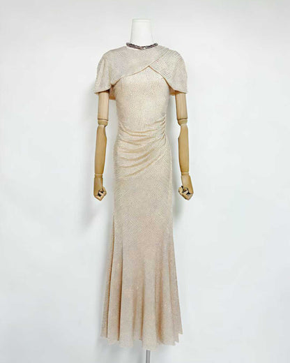 Apricot Rhinestone Ruched Mermaid Maxi Dress