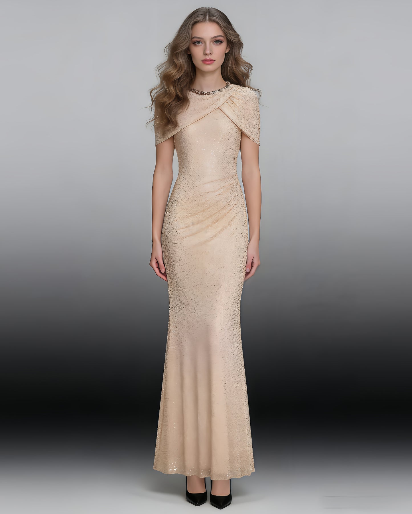 Apricot Rhinestone Ruched Mermaid Maxi Dress