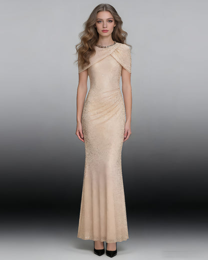 Apricot Rhinestone Ruched Mermaid Maxi Dress