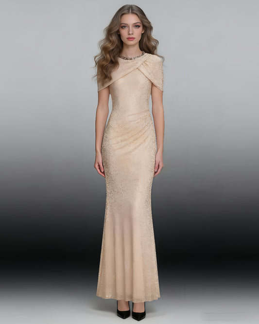 Apricot Rhinestone Ruched Mermaid Maxi Dress