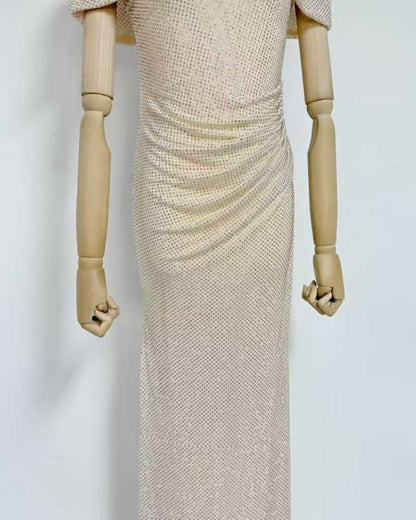 Apricot Rhinestone Ruched Mermaid Maxi Dress