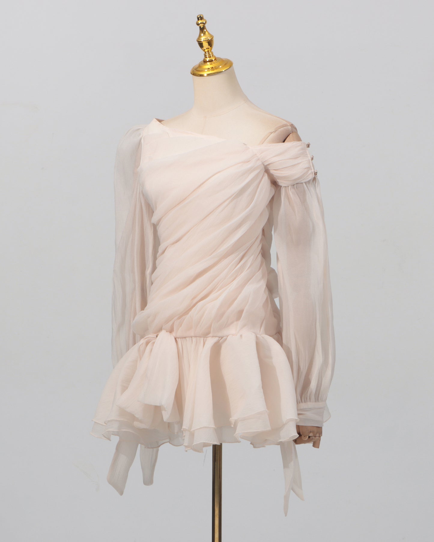 Apricot Ruched Off-Shoulder Ruffle Mini Dress