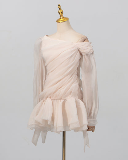 Apricot Ruched Off-Shoulder Ruffle Mini Dress