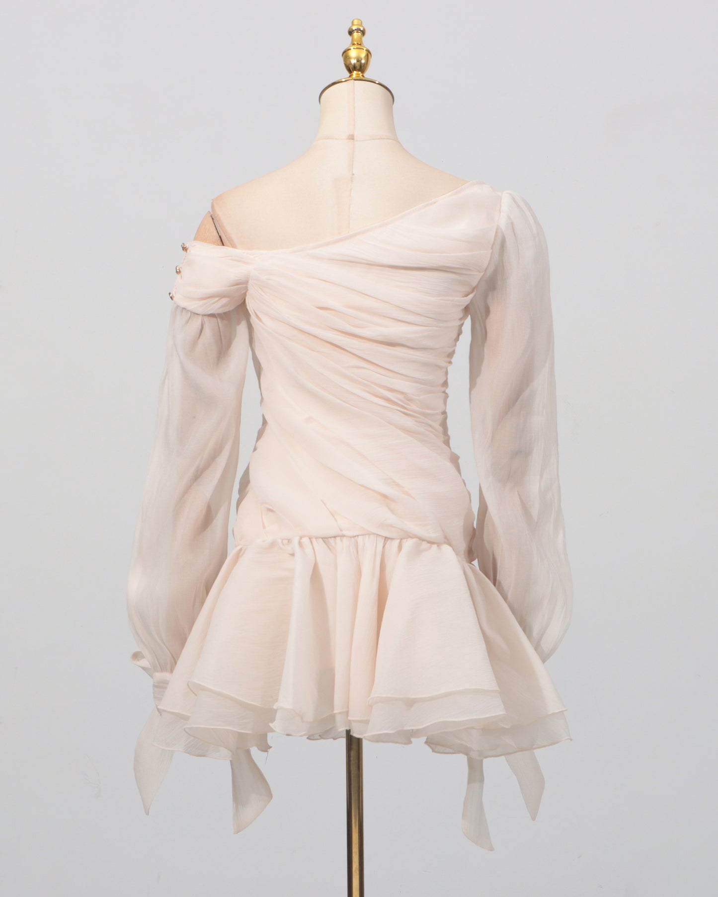 Apricot Ruched Off-Shoulder Ruffle Mini Dress