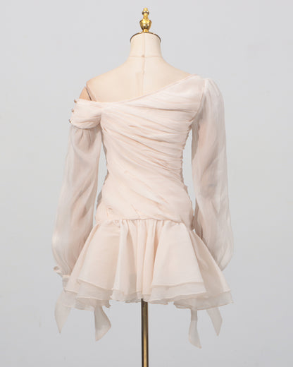 Apricot Ruched Off-Shoulder Ruffle Mini Dress