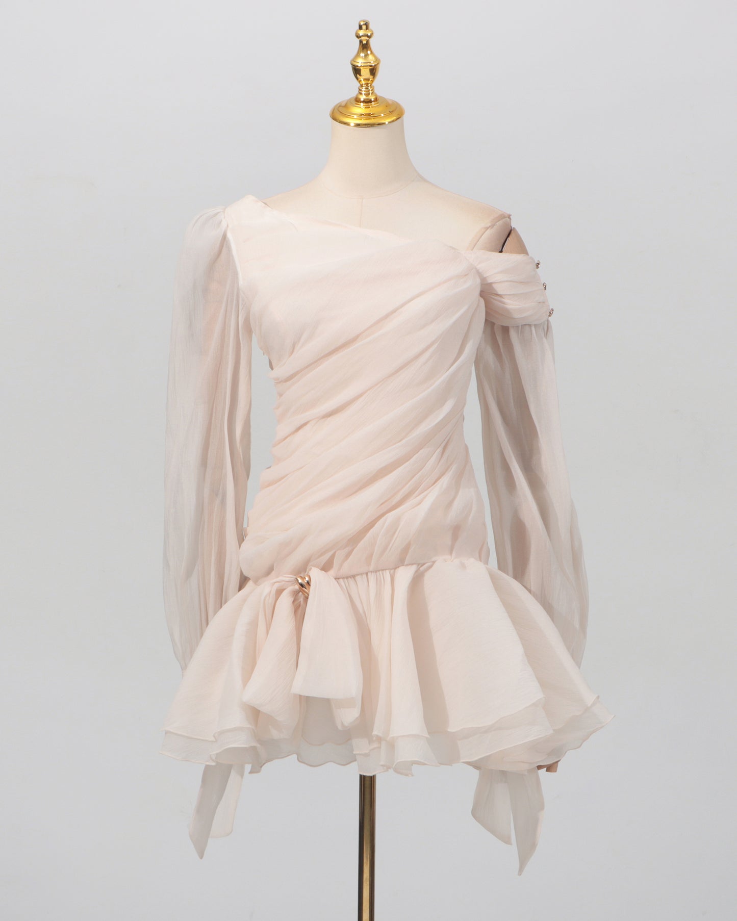 Apricot Ruched Off-Shoulder Ruffle Mini Dress