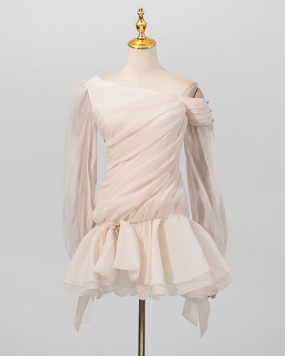 Apricot Ruched Off-Shoulder Ruffle Mini Dress