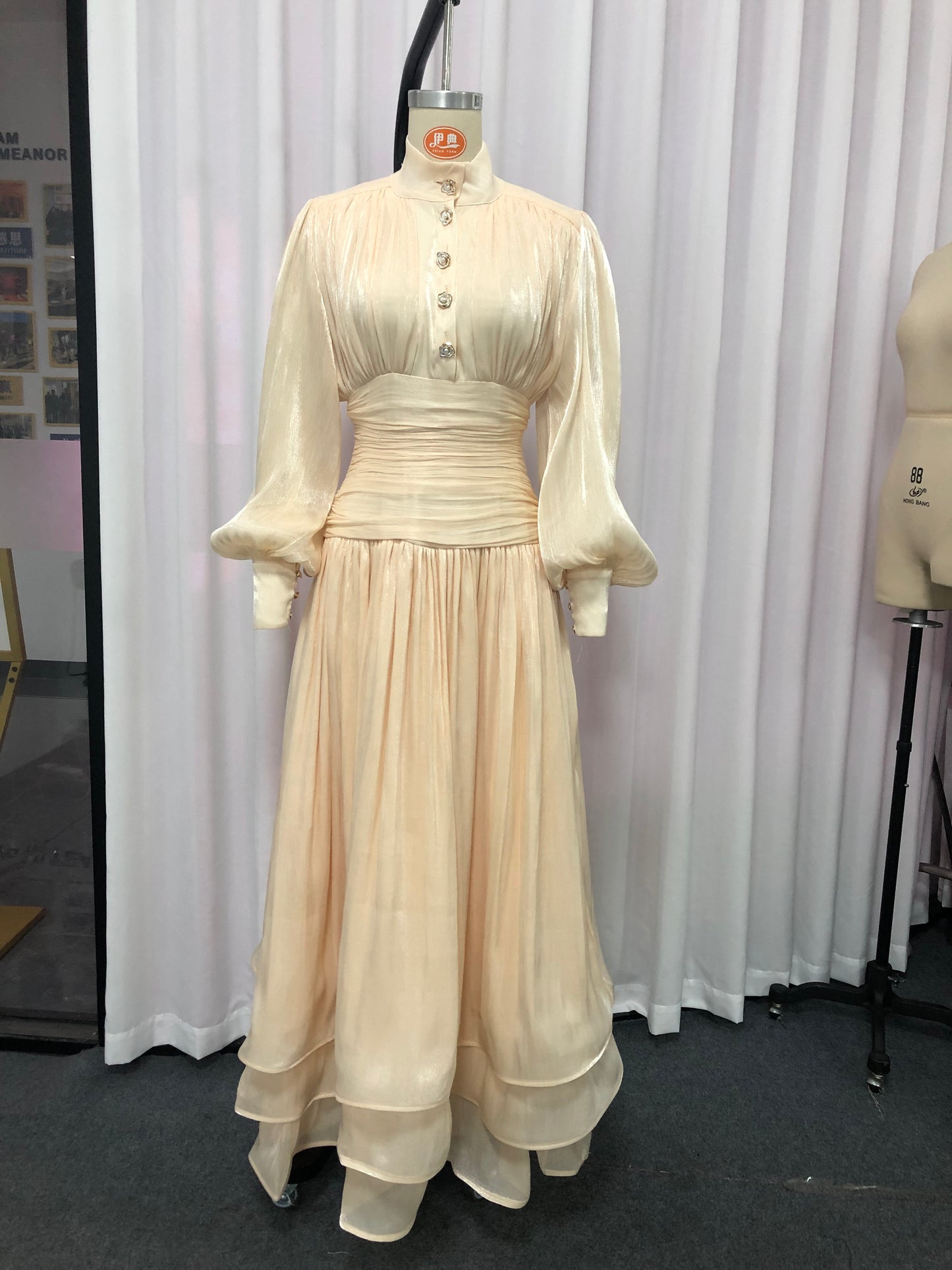 Apricot Ruched Waist Tiered Midi Dress