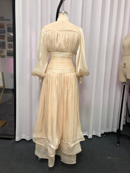 Apricot Ruched Waist Tiered Midi Dress