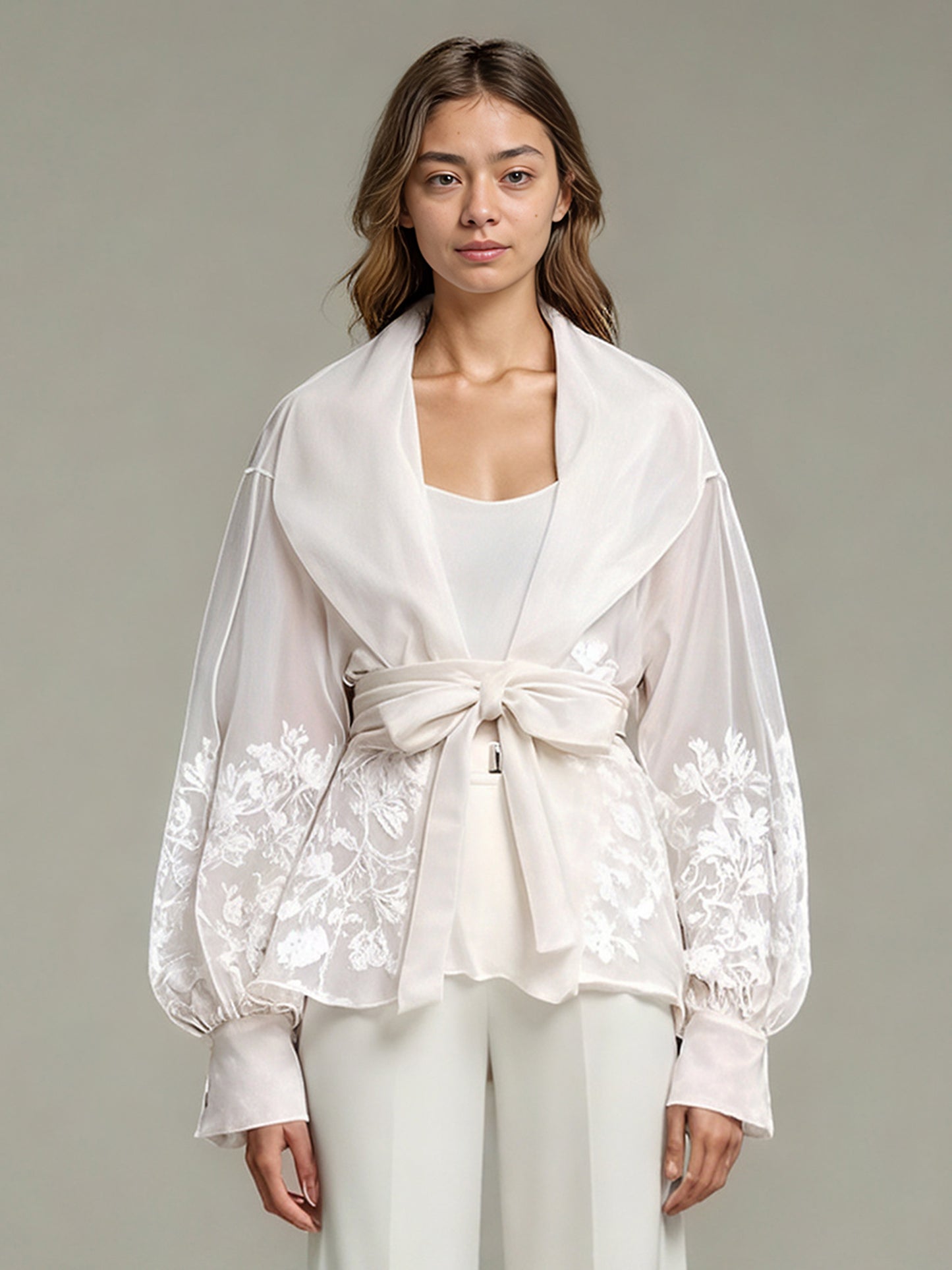 Apricot Sheer Floral Embroidered Belted Blouse