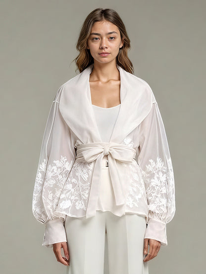 Apricot Sheer Floral Embroidered Belted Blouse