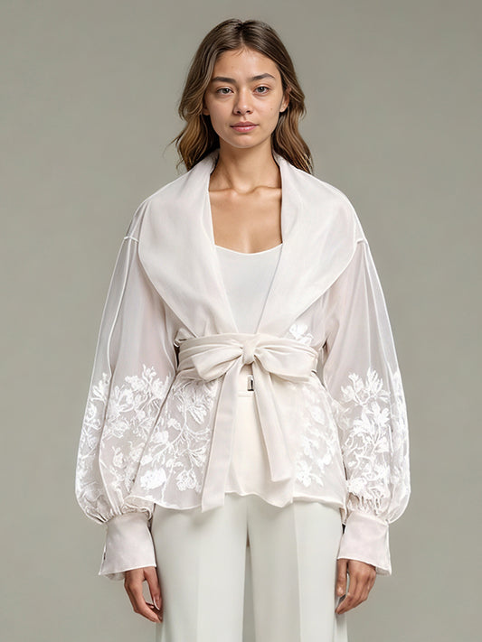 Apricot Sheer Floral Embroidered Belted Blouse