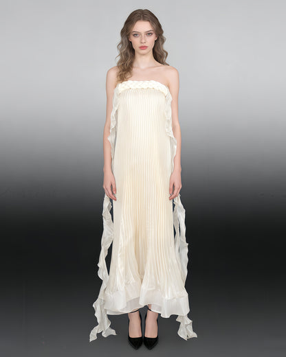 Apricot Strapless Pleated Maxi Dress