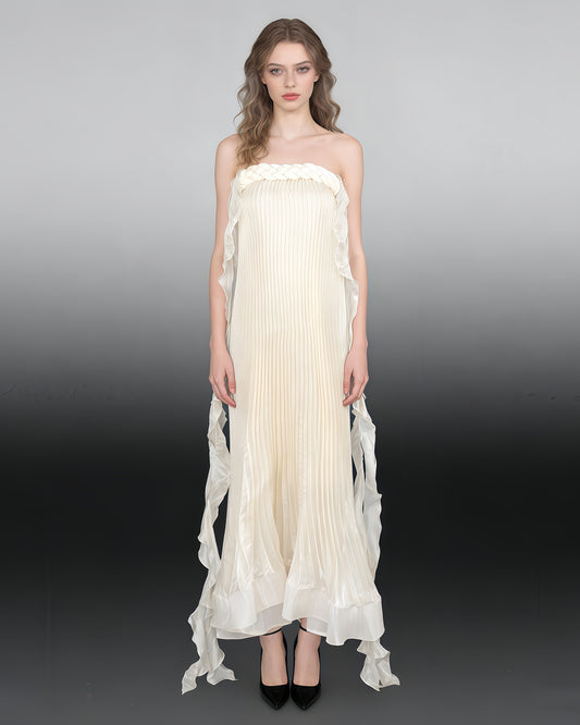 Apricot Strapless Pleated Maxi Dress