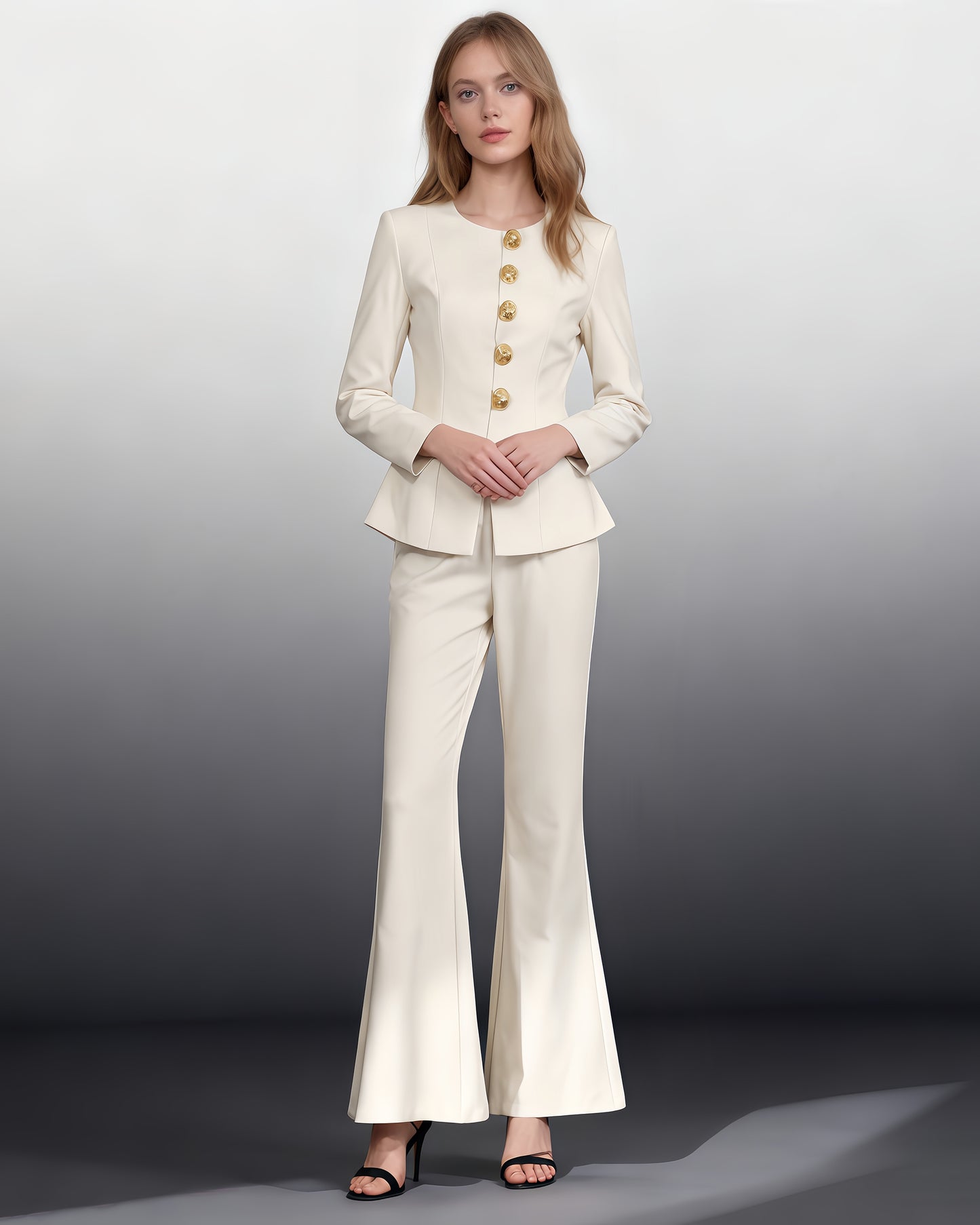 Apricot Suit Set with Gold Button & Flared Pant