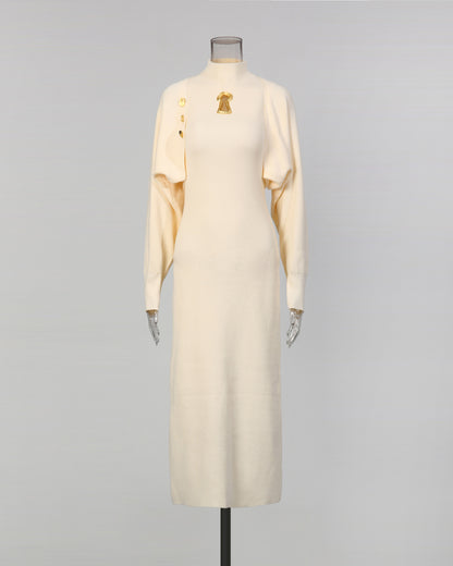 Apricot Turtleneck Knit Midi Dress with Keyhole Accent