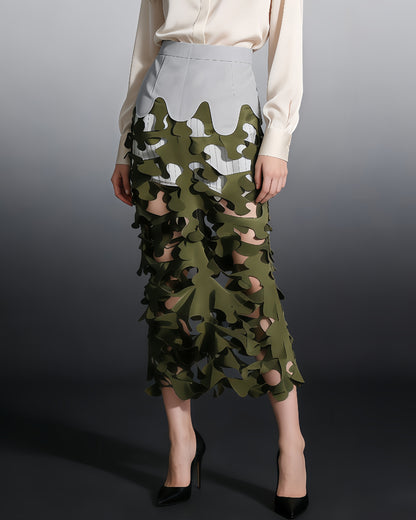 Army Green Leaf Cutout Midi Skirt