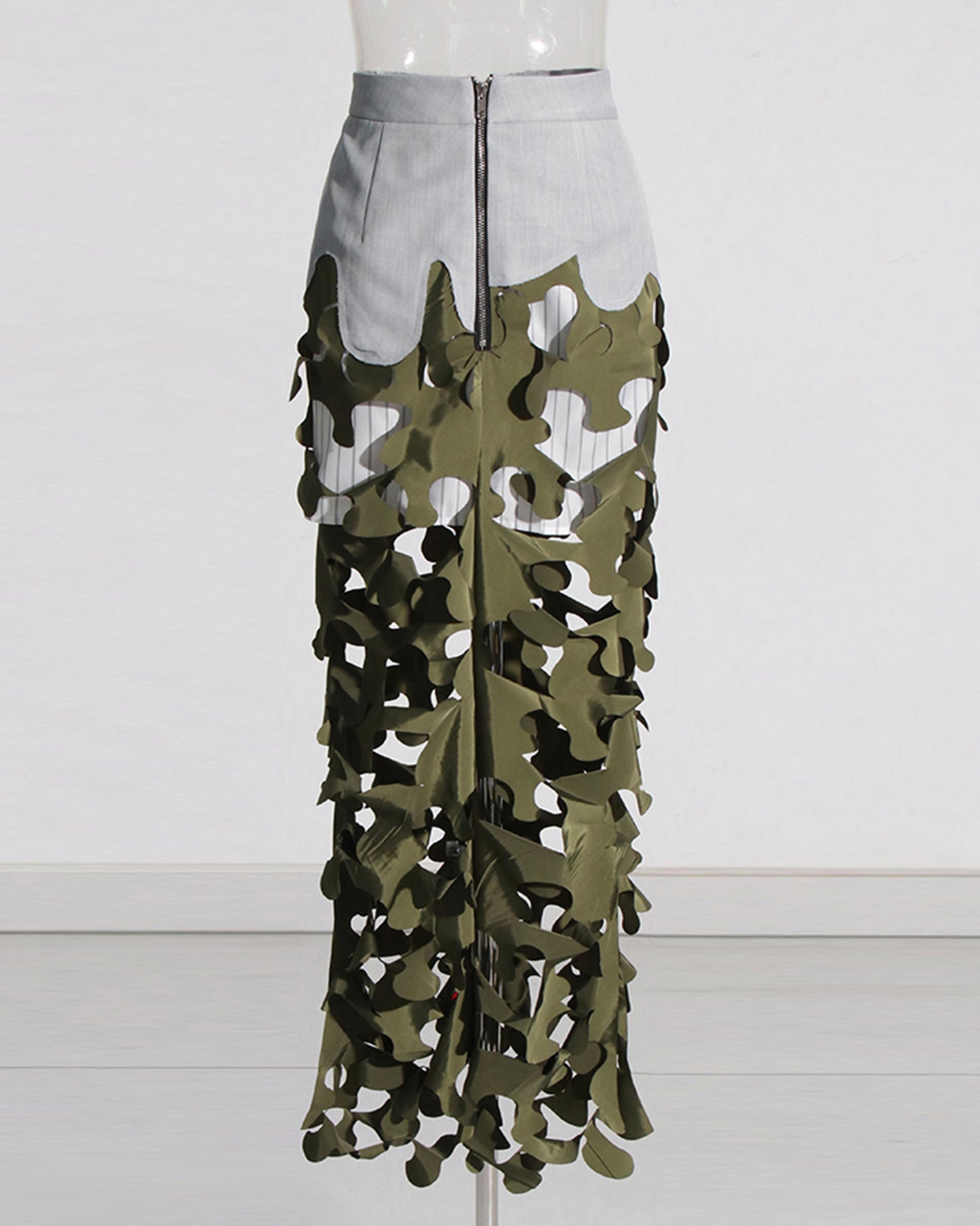 Army Green Leaf Cutout Midi Skirt