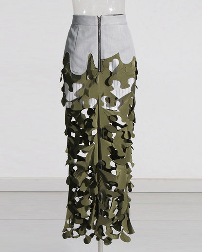 Army Green Leaf Cutout Midi Skirt