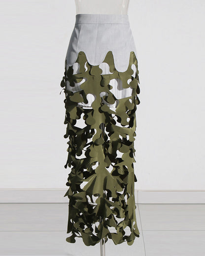 Army Green Leaf Cutout Midi Skirt