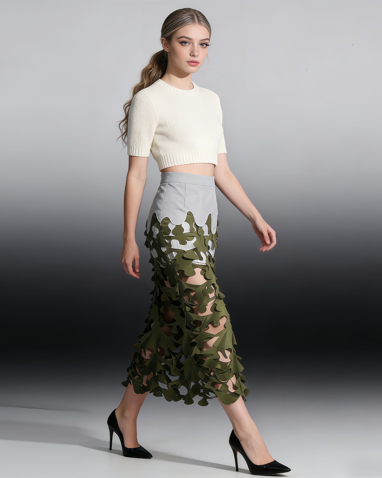 Army Green Leaf Cutout Midi Skirt