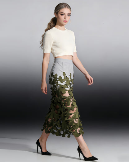 Army Green Leaf Cutout Midi Skirt