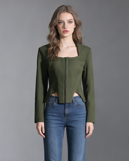 Army Green Long-Sleeve Corset Top Square Neck