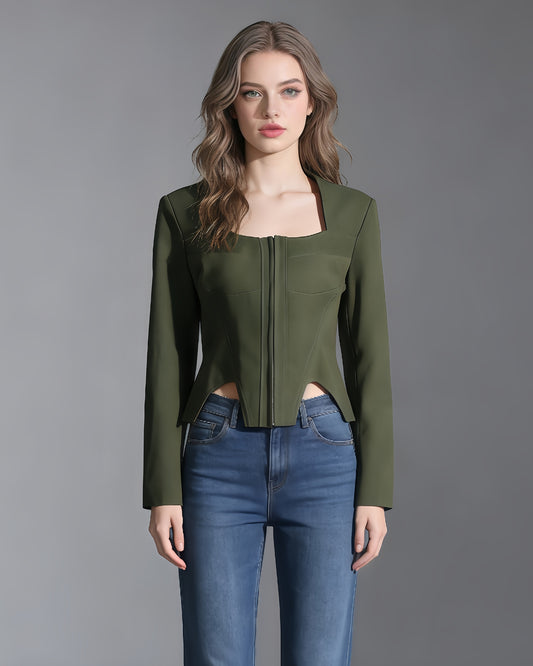Army Green Long-Sleeve Corset Top Square Neck