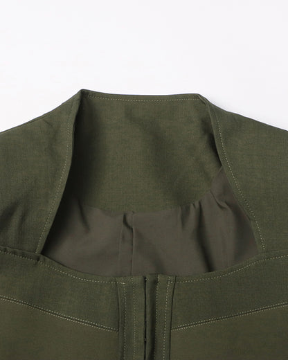 Army Green Long-Sleeve Corset Top Square Neck