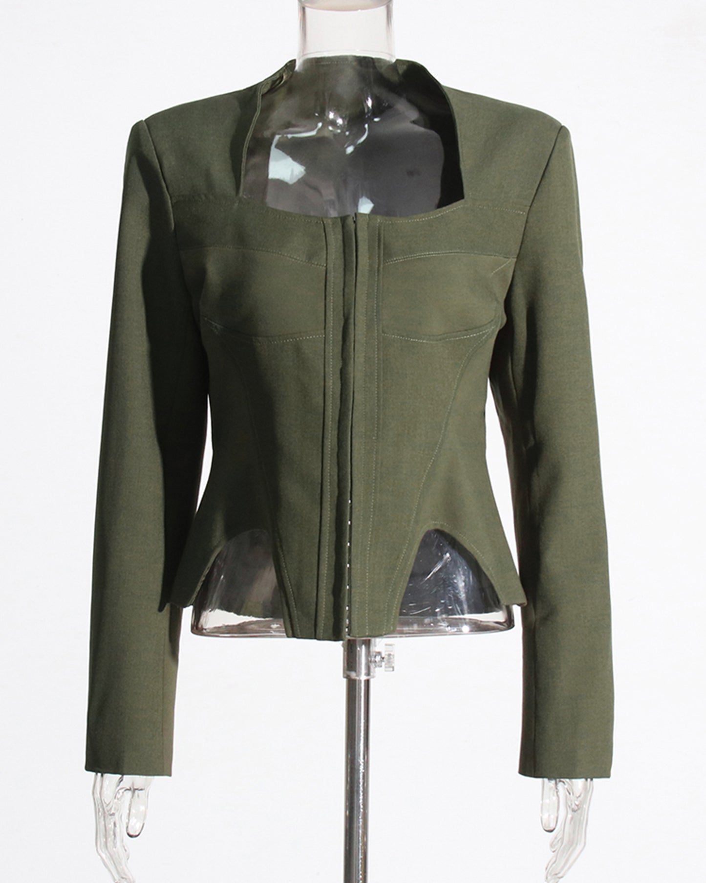 Army Green Long-Sleeve Corset Top Square Neck