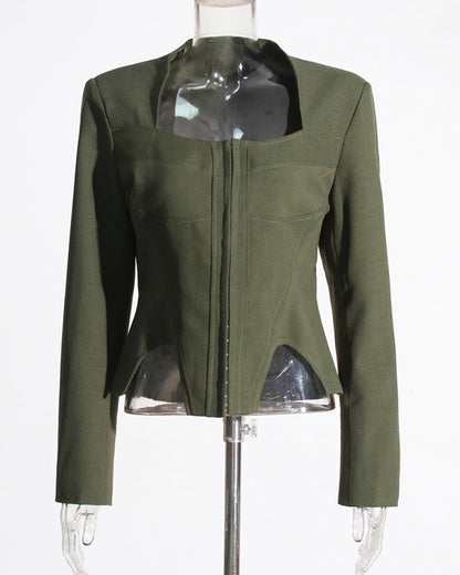 Army Green Long-Sleeve Corset Top Square Neck
