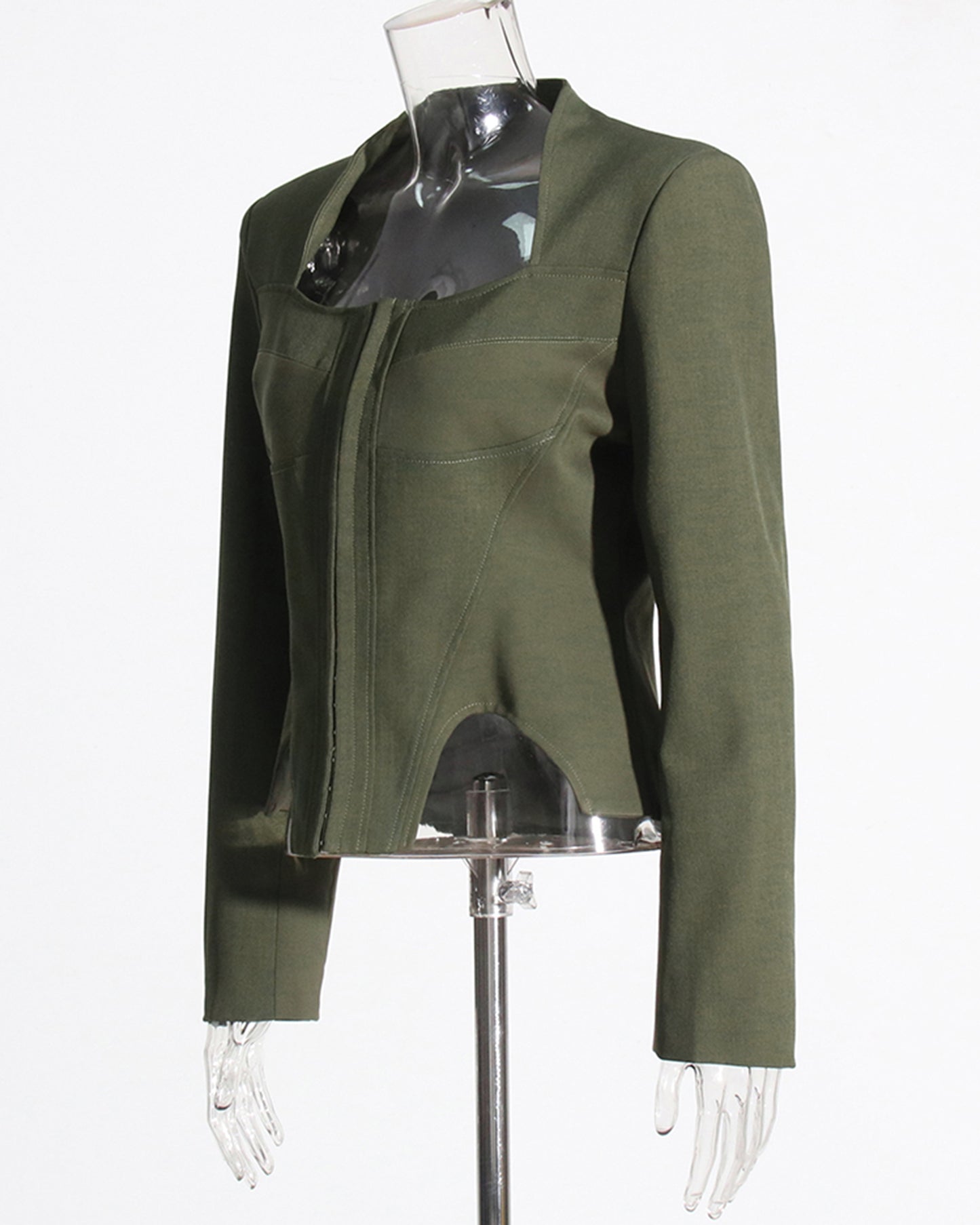Army Green Long-Sleeve Corset Top Square Neck