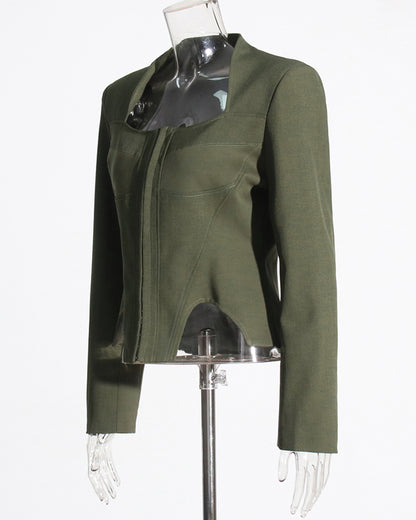 Army Green Long-Sleeve Corset Top Square Neck