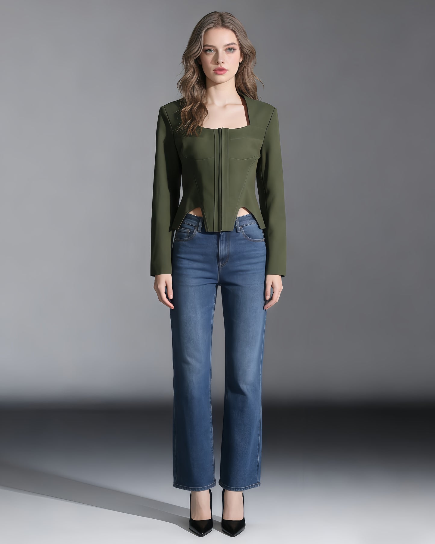 Army Green Long-Sleeve Corset Top Square Neck