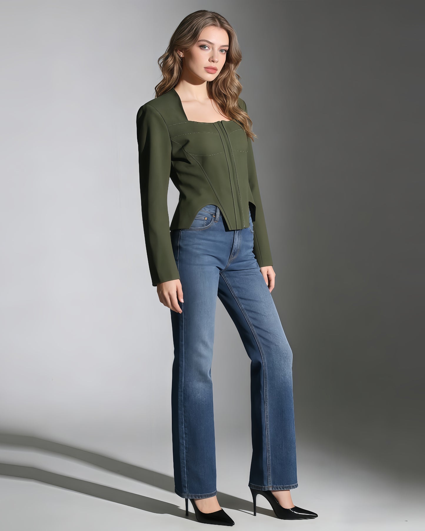 Army Green Long-Sleeve Corset Top Square Neck