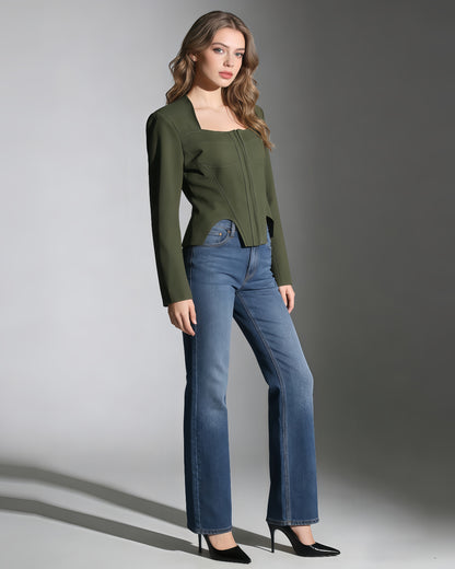 Army Green Long-Sleeve Corset Top Square Neck