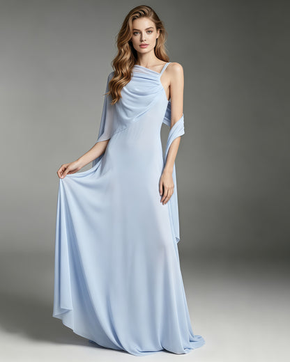 Babyblue One Shoulder Draped Mesh Floor Maxi Dress
